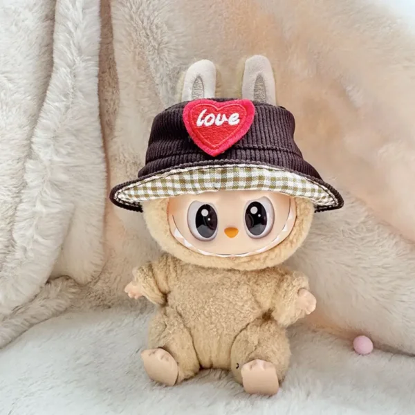 17cm Cute Brown Heart-Shaped Hat Accessory for Labubu Dolls - Handmade Plush Cap Fits V1/V2/V3 | Labubu Doll Accessories
