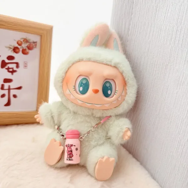 17cm Cute Pink Crossbody Water Bottle Accessory for Labubu Dolls - Handmade Plush Bottle with Adjustable Strap | Labubu Doll Accessories