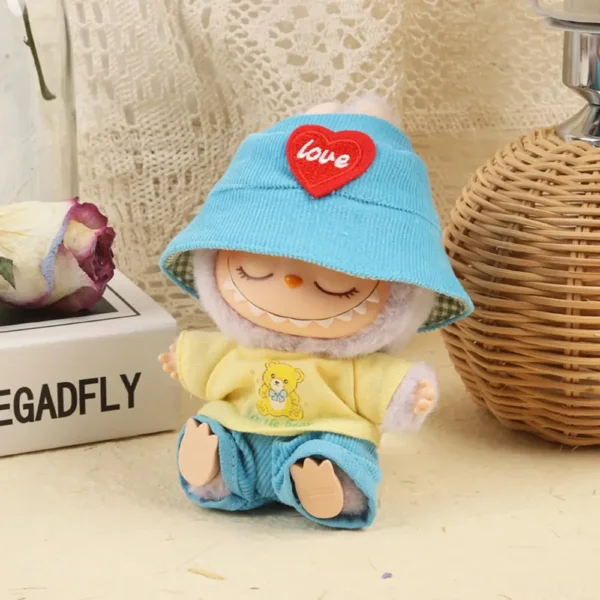 Handmade Cute Adorable Animal Set for Labubu Doll - Blue Jumpsuit with Cat Ear Hat, Paw Print Shirt & Tail Detail