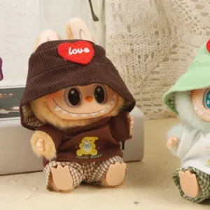 Handmade Cute Adorable Animal Set for Labubu Doll - Brown Jumpsuit with Dog Ear Hat, Bone Print Shirt & Plush Collar