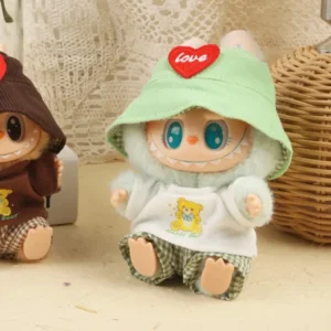 Handmade Cute Adorable Animal Set for Labubu Doll - Green Jumpsuit with Frog Eye Hat, Lily Pad Shirt & Webbed Shoe Details