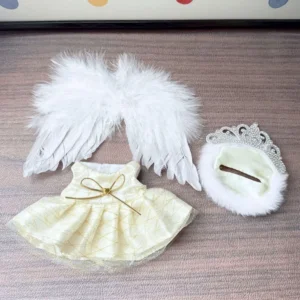Handmade Angel Set for Labubu Doll - Flatlay of Crown, Feather Wings & Tulle Skirt with Craftsmanship Details