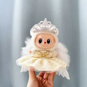 Handmade Cute Angel Set for Labubu Doll - Front Closeup of Sparkling Crown & Embroidered Feather Wings