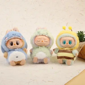 Handmade Playful Animal Costumes for Labubu Doll - Shark/Bee/Dino Back View with Accessory Details
