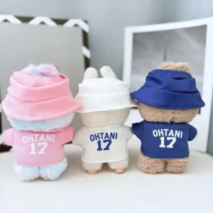 Handmade Sporty Baseball Uniform Set for Labubu Doll - Blue/Pink/White Back View with Number Print & Elastic Hem