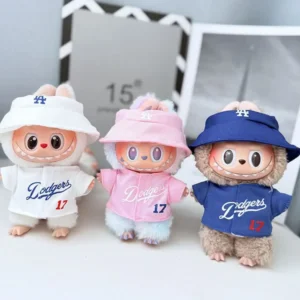 Handmade Sporty Baseball Uniform Set for Labubu Doll - Blue/Pink/White Front View with Team Logo & Striped Collar