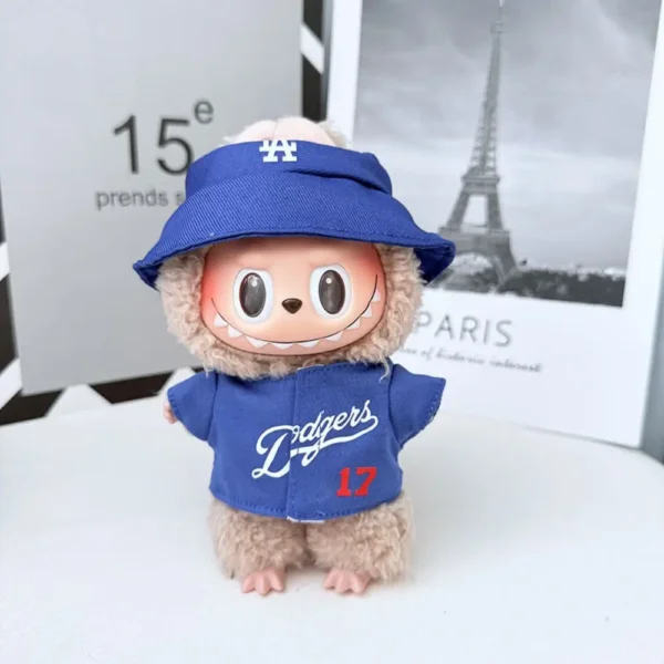 Handmade Sporty Baseball Uniform Set for Labubu Doll - Blue Front View with Contrast Trim & Team Patch