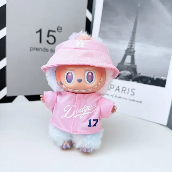 Handmade Sporty Baseball Uniform Set for Labubu Doll - Pink Front View with Heart Print & Rounded Collar