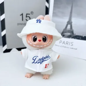 Handmade Sporty Baseball Uniform Set for Labubu Doll - White Front View with Striped Sleeves & Snap Buttons