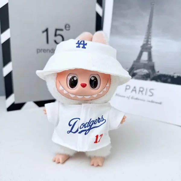 Handmade Sporty Baseball Uniform Set for Labubu Doll - White Front View with Striped Sleeves & Snap Buttons