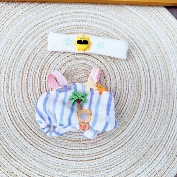 Handmade Beach Theme Set for Labubu Doll - Coconut Tree Style Flatlay with Palm Tree Embroidery & Jumpsuit Details
