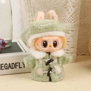 Handmade Cute Beret Coat Set for Labubu Doll - Light Green Coat with Fleece Lining & Matching Beret