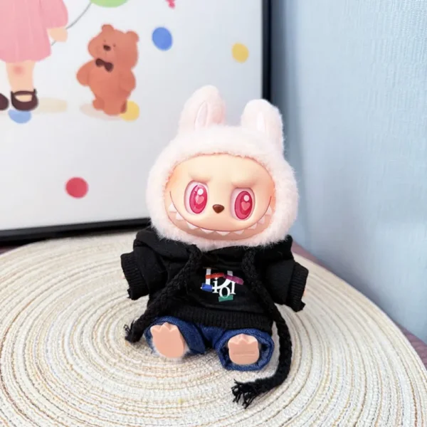 Handmade Cute Stylish Hoodie Set for Labubu Doll - Black Basic Hoodie with Front Pocket & Adjustable Drawstrings