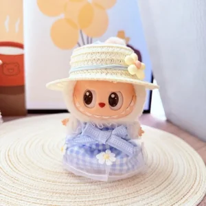 Handmade Cute Blue Plaid Skirt Set for Labubu Doll - Knit Skirt with Contrast Trim & Blue Checkered Details