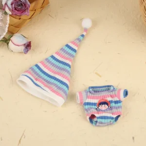 Handmade Blue Rainbow Onesie for Labubu Doll - Flatlay with Ombre Onesie, Star Hat & Elastic Cuffs