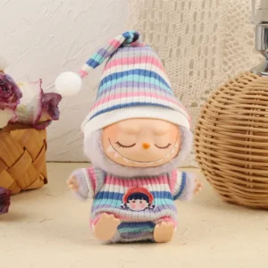 Handmade Colorful Blue Rainbow Onesie for Labubu Doll - Ombre Rainbow Onesie with Star Patch Hat