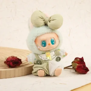 Handmade Dainty Bowknot Set for Labubu Doll - Light Green Outfit with Floral Bowknot, Lace Top & Overall Shorts