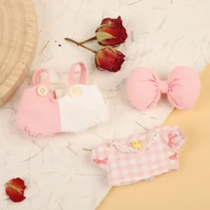 Handmade Pink Bowknot Set for Labubu Doll - Flatlay with Heart Bowknot, Ruffle Top & Overalls