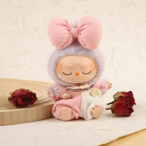 Handmade Dainty Bowknot Set for Labubu Doll - Pink Outfit with Heart Bowknot, Ruffle Top & Overalls