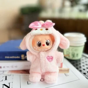 Handmade Cute Bunny Costume for Labubu Doll - Pink Outfit with Long Ears & Puffy Tail Patch