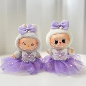 Handmade Cute Butterfly Dress Set for Labubu Doll - Two Dolls Showcasing Purple & Pink Dress with 3D Butterfly Wings