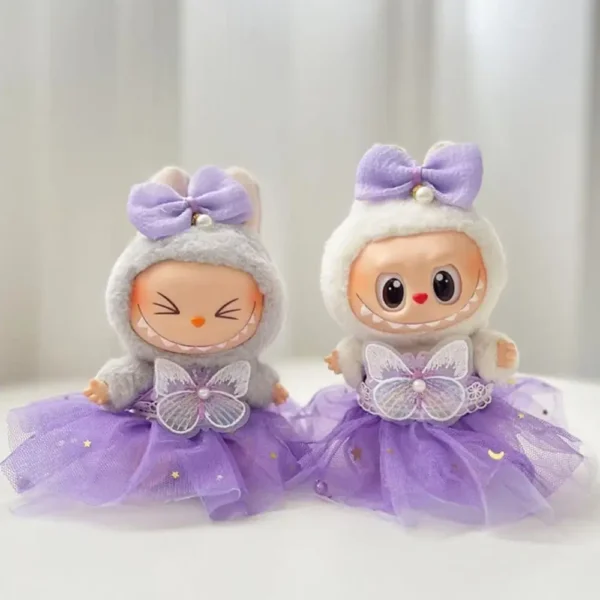 Handmade Cute Butterfly Dress Set for Labubu Doll - Two Dolls Showcasing Purple & Pink Dress with 3D Butterfly Wings