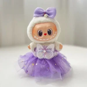 Handmade Cute Butterfly Dress Set for Labubu Doll - Back View of Purple Dress with Detachable Butterfly Wings & Bow Detail