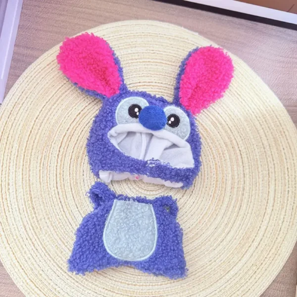 Handmade Cartoon Set for Labubu Doll - Flatlay of Headpiece & Clothing in Blue/Brown/Red