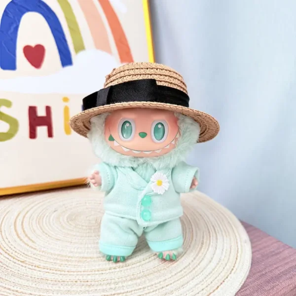 Handmade Stylish Celebrity Lookalike Set for Labubu Doll - Sky Blue Outfit with Pastel Stripes & Designer-inspired Collar
