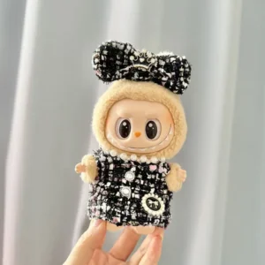 Handmade Cute Chanel-style Set for Labubu Doll - Black Tweed Outfit with Gold-Tone Button Accents & Tweed Bowknot