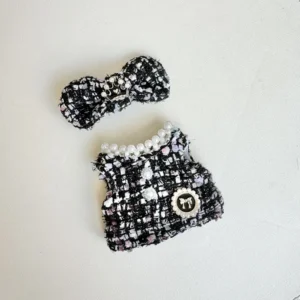 Handmade Chanel-style Set for Labubu Doll - Flatlay of Tweed Clothing & Bowknot in Black/Pink/White with Tweed Texture Details