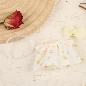 Handmade Cherry Floral Dress for Labubu - Flatlay of Red Dress with Cherry Print & Lace Trim Details