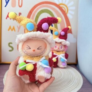 Handmade Clown Hat for Labubu Doll - Close-up of Striped Hat with Multicolor Pom Poms