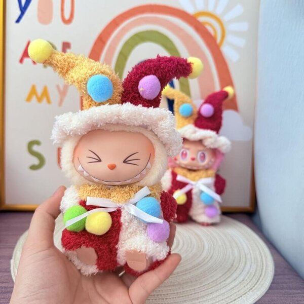 Handmade Clown Hat for Labubu Doll - Close-up of Striped Hat with Multicolor Pom Poms
