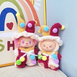 Handmade Cute Clown Set for Labubu Doll - Front View with Colorful Polka Dot Outfit & Pom Pom Collar