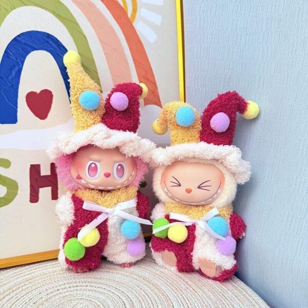 Handmade Cute Clown Set for Labubu Doll - Front View with Colorful Polka Dot Outfit & Pom Pom Collar