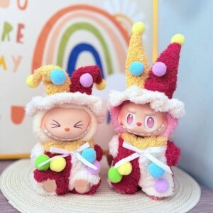 Handmade Cute Clown Set for Labubu Doll - Front View with Colorful Polka Dot Outfit & Pom Pom Collar