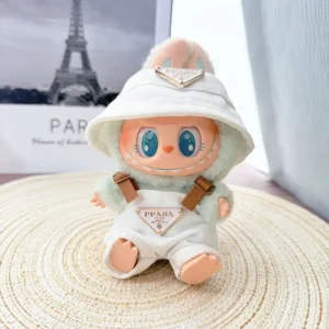 Handmade Vibrant Colorful Set for Labubu Doll - White Suspender Trousers with Cloud Hat & Buttons