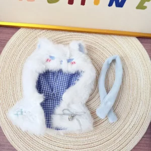 Handmade Cool Cat Cape Set for Labubu Doll - Flatlay of White Cape, Scarf & Detachable Tail in Soft Fabric
