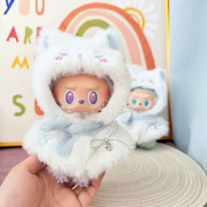 Handmade Cute Cool Cat Cape Set for Labubu Doll - Front View of White Cape with Button Closure & Whisker Print