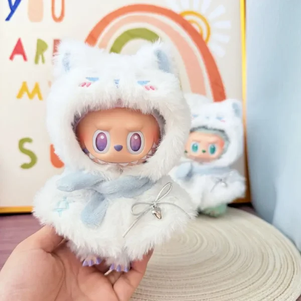 Handmade Cute Cool Cat Cape Set for Labubu Doll - Front View of White Cape with Button Closure & Whisker Print