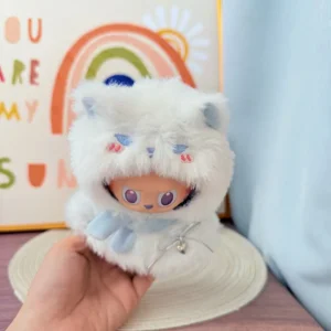 Handmade Cute Cool Cat Cape Set for Labubu Doll - Closeup of Cat Ear Hood with Felt Ears & Sparkle Eyes