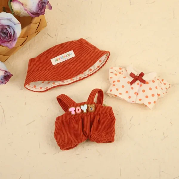 Handmade Brick Red Cute Set for Labubu Doll - Flatlay with Top, Suspender Trousers & Bow Hat Accessories