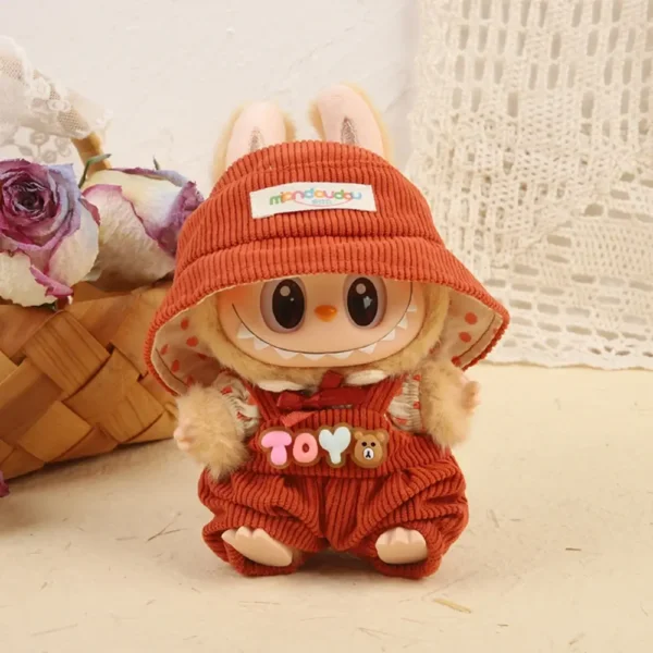 Handmade Adorable Cute Set for Labubu Doll - Brick Red Outfit with Heart Print Top & Bow Hat Details