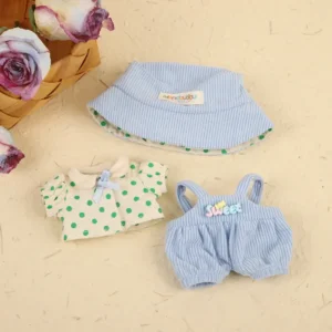 Handmade Sky Blue Cute Set for Labubu Doll - Flatlay with Cloud Print Top, Trousers & Sailor Hat