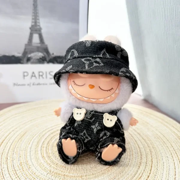 Handmade Stylish Fashion Set for Labubu Doll - Black Suspender Trousers with Checkered Hat & Adjustable Straps