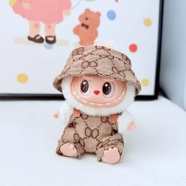 Handmade Stylish Fashion Set for Labubu Doll - Khaki Suspender Trousers with Solid Color Hat & Pocket Details