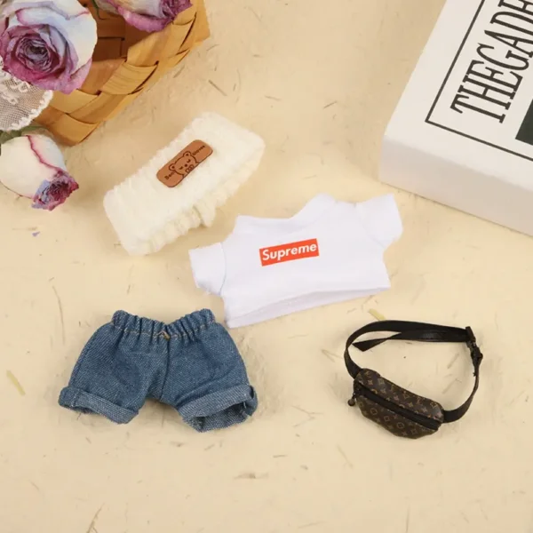 Handmade White Fashion Set for Labubu Doll - Flatlay with Striped Hat, Pocket Top, Trousers & Bag