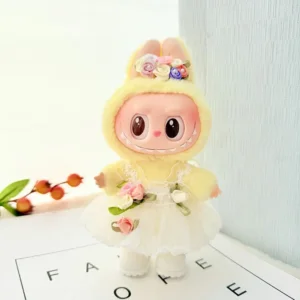 Handmade Cute Flower Fairy Set for Labubu Doll - White Tulle Outfit Front View with Lace Collar & Flower Headband