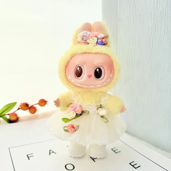 Handmade Cute Flower Fairy Set for Labubu Doll - White Tulle Outfit Front View with Lace Collar & Flower Headband